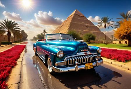 cinematic photo of 1952 Chevrolet Convertible, magnificent three pyramids of Giza appear clearly, charm, highly detailed car, Professional lighting, full of life, Lively and energetic, 8K, rays of sun flow beyond heavy clouds, HDR, Fast & Furious movie, motion blur, moving tires, Cinematic Shot, Cinematic Lighting, amazing world, pure perfection, Need For Speed, wide angle exterior background, wet asphalt road, autumn leaves, grass, flowers, jasmine flowers, palm trees, nebula horizon.