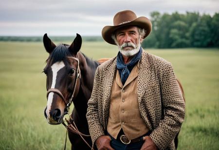 a 60 years old American Cowboy posing on the prairie next to his Appaloosa horse, RAW photo, (style of Paul Fusco, Mathew Brady, David Burnett,Edward S. Curtis:1.5),(low contrast:1.2) flash-photography, (flim grain:1.6), focused on expression, manly expression, photography, 35mm, Nikon D850 film stock photograph, Kodak Portra 400 camera f1.6 lens, 8k, UHD, easynegative, negative_hand, perfecteyes, brown eyes