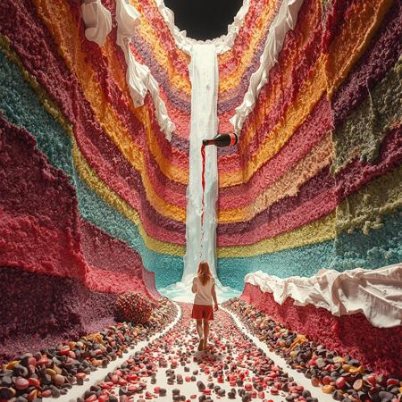 at the bottom of the multi color cake valley. a woman walking approaching wall of cake and tasting. The valley is made from cake and melting cream. between towering, huge cake and huge topping cream. canyon of giant layered cake. bush created from sparkling candies. chocolate chip pebbles spread along the path. A Bottle pouring a wine waterfall.