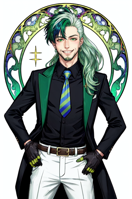 Tarot Card, tarot card style, 1boy, smile, solo, gloves, male focus, multicolored hair, belt, fingerless gloves, green eyes, jacket, earrings, necktie, rainbow, hand on hip, grin, long hair, shirt, jewelry, looking at viewer, black shirt, sparkle, teeth, facial hair, blush, black jacket, long sleeves, open clothes, pants, green pants, green hair, open jacket, black belt, green gloves, white hair, belt buckle, buckle, collared shirt, green belt, black hair, striped necktie, blue hair, piercing, striped, white background, rainbow hair, glint ,art nouveau, art by alphonse mucha