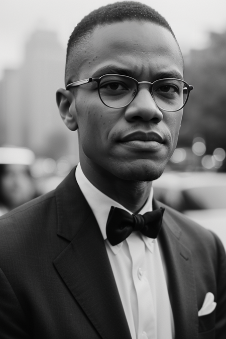 MalcolmX, 40 years old, photography by (Rodney Smith:1.3), ((head and shoulders closeup)), 1962 Harlem, Nation of Islam, crowded civil rights street protest, (buttoned black suit jacket, shirt, skinny black tie:1.3)), (facing viewer, busy Manhattan sidewalk, looking at viewer, scruffy facial hair, blurry background, bokeh, ID photo:1.3), serious look, black browline eyeglasses, (film grain:1.8), black and white, Zeiss Ikon Contarex, street journalism, 35mm f/2.4, 1/250 shutter, high-contrast black and white film, spontaneous expressions, urban strife, period feel, photojournalistic composition