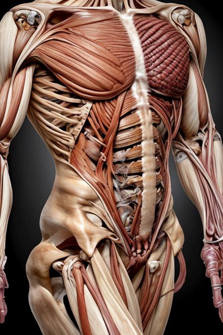 Human Anatomy Puzzle, hyperealistic lateral section of a layerd  human body made of  skeleton, muscle detached from skeleton, skin detached from muscle, glossy textures, anatomy, DISASSEMBLY DIAGRAM  <lora:yushuang:0.5>
