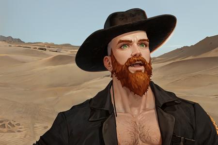 1boy, solo, handsome man, ginger beard, cowboy hat,  illustration, drawing, professional, defined shadows, accurate figure, easthetically pleasing, correct hands, post apocalyptic, desert wasteland background, best quality, portrait, (masterpiece, top quality, best quality), trending on artstation, artstation,  <lora:cragsand:0.70>, looking at you, portrait, green eyes, fighting pose, firsts raised, shirtless, flex