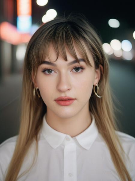 face focused, nighttime photography, neon lights, reflective streets, movie still, ultra detailed, portrait, BREAK andylynn55, andylynn payne,  <lora:AndyLynn55-sdxl:1>, 1girl, gorgeous, solo, portrait, makeup, lips, long hair, light hair, swept bangs, vintage aesthetic, shirt, solo, looking at viewer, bokeh, focus, film, velvia, film grain, best quality, photograph, focus, earring, city streets