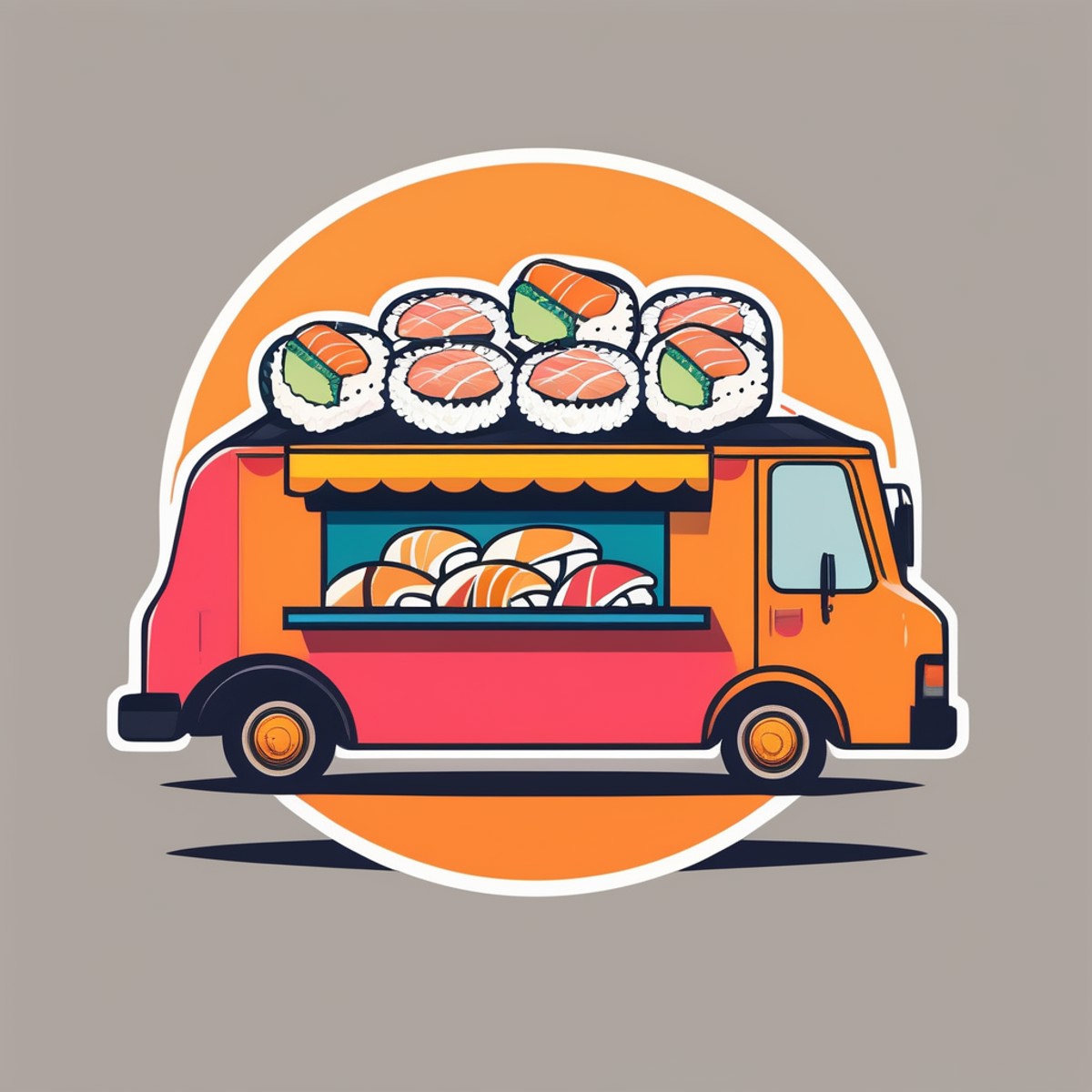 A logo for a sushi food truck, sushi rolls as wheels on a truck, vibrant and fun colors., LogoRedAF, <lora:LogoRedmond_Log...
