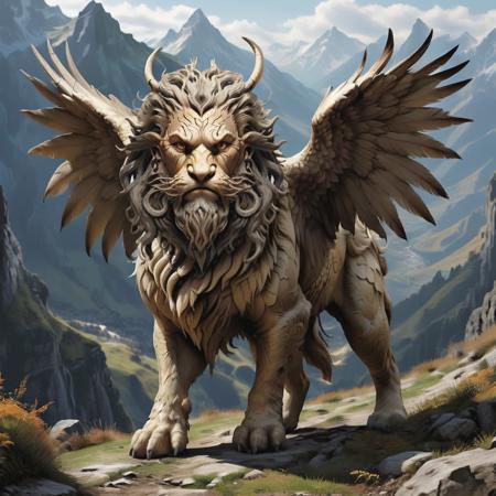 highly detailed portrait photo of a (lamassu):1.0 wandering a hillside,

the lamassu prepares to pounce with its giant paws, feathered wings, earrings, distant, tail, white eyes, 

a picturesque mountain pass,

depth of field:1.2, blurry, blurry background,
realistic:1.3,

photorealistic,
fantasy, cinematic,
32k, best quality, 
god rays:1.2,
dappled sunlight:1.1,
shadow play:1.1,




