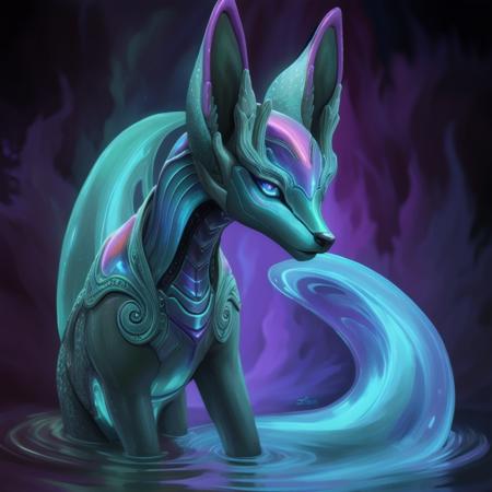 Alien, dog, fox, water-made ears, fire-made tail, intricate detailing, vibrant colors, unique patterns, textures, iridescent hues, deep blues, radiant purples, shimmering greens, fantastical creature, otherworldly beauty, extraterrestrial elements, familiar features.