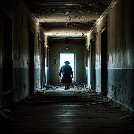 RAW photo, minion at the end of hallway, looking at viewer, 8k uhd, dslr, soft lighting, high quality, film grain, Fujifilm XT3, Masterpiece, photorealistic, rotten abandoned hospital, looking down hall way,