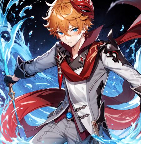 1boy, solo, orange hair, short hair, mask on head, red mask, grey coat, mask, half gloves, red scarf, single red earrings, tartaglia \(genshin impact\), grey pants, blue eyes, ruby on scarf, water, detail, super ditail skin, leg ring, stand, masterpiece, best quality,   <lyco:tartagliaChildeGenshin_v20:0.7>, water sword,, masterpiece, best quality,