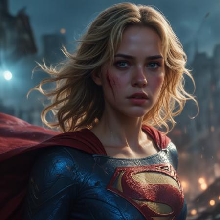 High resolution ultra-realistic of Beautiful bloody Supergirl fighting against alien invasion, cinematic style, standing on a bloody and stormy battle in a destroyed city in a fighting pose, bloody and dirty, realistic blue combat costume, red mini skirt, red cape, perfect athletic figure, wavy blonde hair, handsome bloody face, beautiful perfect detailed pupils, wet oily shiny skin, covered in dirty and blood, beautiful firm Breasts, defiant and seductive, attractive 21 year old Supergirl, 8k resolution concept art portrait by Greg Rutkowski, Kiernan Shipka, Dark Gotham City, Artgerm, WLOP, Alphonse Mucha, dynamic lighting, hyperdetailed, intricately detailed, Splash art trending on Artstation triadic colors, Unreal Engine, 5 volumetric lighting, Cinematic Lighting, intricate, smooth, sharp focus digital painting, Asymmetrical Balance, realistic eyes, ultra detailed atmospheric details, sparkle effects, realistic body proportions, beautiful body Supergirl proportions, complex masterpiece, dramatic atmosphere