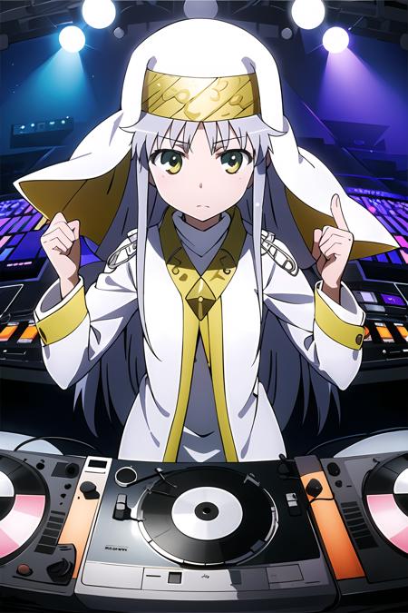 masterpiece, 1girl, index \(toaru majutsu no index\), cute, best quality, silver hair, veil, (dj), dark shades, music production studio, concert lighting and special effects, music mixing table, turntable, concert, bright lights, best quality, anime