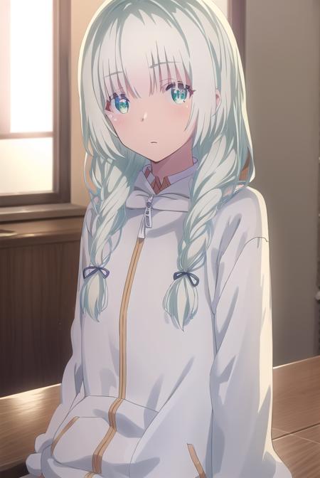 koharuootori, <lora:koharu ootori s1-lora-nochekaiser:1>,
koharu ootori, long hair, bangs, (green eyes:1.3), hair ribbon, braid, white hair, blue ribbon, hair over shoulder,
BREAK shirt, long sleeves, white shirt, collared shirt, hood, sleeves past wrists, hoodie, yellow jacket,
BREAK indoors, classroom,
BREAK looking at viewer,
BREAK <lyco:GoodHands-beta2:1>, (masterpiece:1.2), best quality, high resolution, unity 8k wallpaper, (illustration:0.8), (beautiful detailed eyes:1.6), extremely detailed face, perfect lighting, extremely detailed CG, (perfect hands, perfect anatomy),