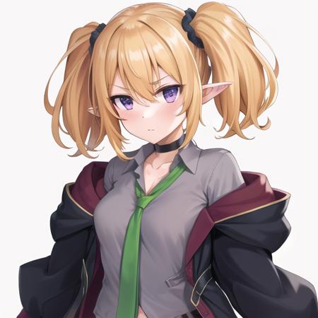 (masterpiece, best quality:1.2),illustration,8k,hd,1girl,solo,upper body,(portrait:1.2),st. theresa's girls academy school uniform,pointy ears,twintails,elf,blonde hair,necktie,black coat,grey shirt,purple eyes,choker,wrist scrunchie,scrunchie,pleated skirt,black choker,red skirt,green necktie,open clothes,hair between eyes,socks,thigh strap,loafers,<lora:Chole-V1:0.8>,