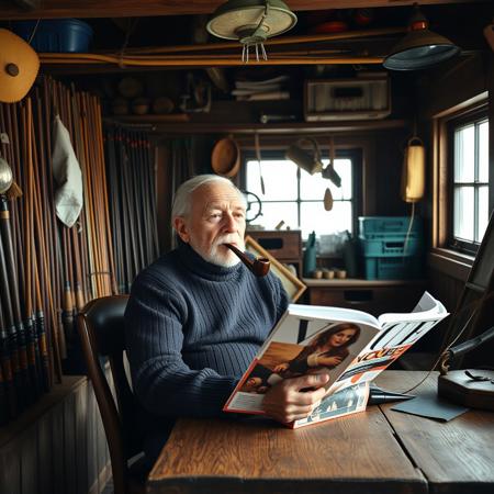fisherman's shack, interior, fishing paraphernalia, crates, fishing rods, neatly stacked, old fisherman, smoking pipe, turtleneck wool pullover, sitting at old wooden table, reading Vogue magazine