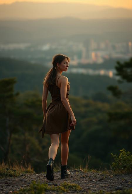 lone roguish female figure, walking away, glancing over shoulder, distant cityscape, transitioning from forest to urban environment, golden light of early morning or late afternoon, cinematic, journey progression, emotional warmth, subtle glance, candid, moment of doubt or hesitation, reflection on the journey, (forest in the background:1.2), city on the horizon, inviting introspection, natural light, dramatic lighting, depth of field, (captured naturally:1.2), (detailed background:1.3), (photorealism:1.4), 8k UHD, (blurry:-1.3), (lowres:-1.5), (ugly:-1.2), (mutated:-1.4), (worst quality:-1.4), (bad anatomy:-1.3), (cartoon:-1.1), (sketch:-1.1), (distorted proportions:-1.3), (extra limbs:-1.5), (cgi:-1.4), (extra characters:-1.5), (savanna:-1.4)