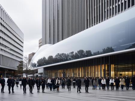 RAW photo, (avant garde building from outside), frontal elevation, curvilinear, white sky, (diffused light:1) <lora:MIR-v3:0.6> (translucent white glass), super reflective metal, biomorphic style, by Kengo Kuma, fog, (warm interior light:1), (open plaza with people), architecture photography, hyper realistic, super detailed, 8k, Nikon Z6 Mirrorless Camera, film grain