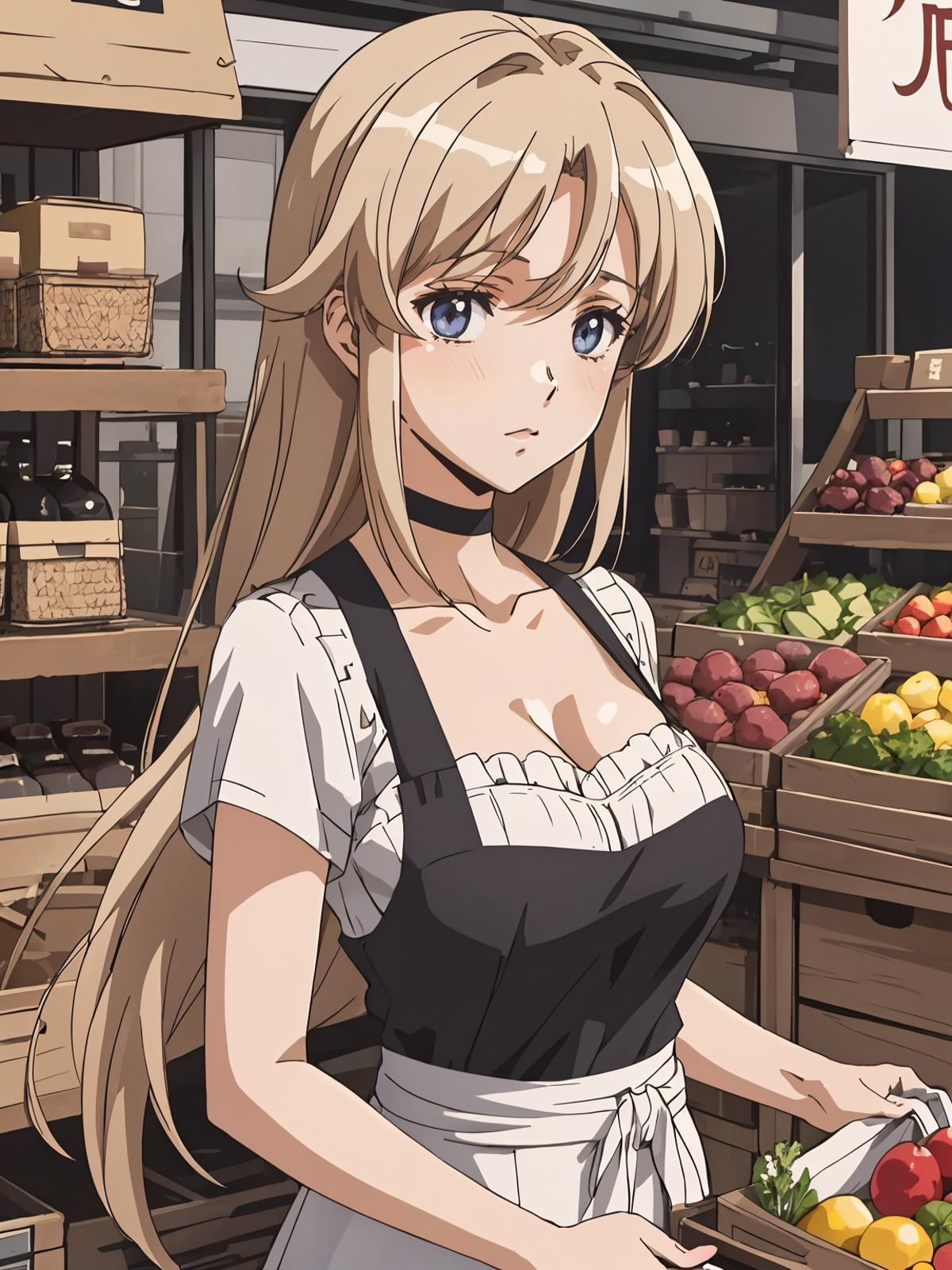 A girl with blonde hair wearing an apron and standing in front of a fruit stand.