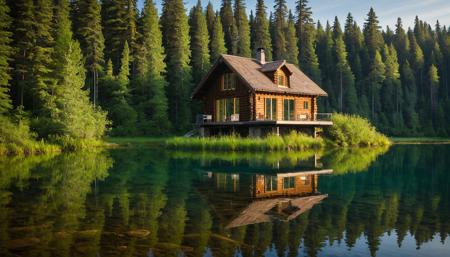 a house is reflected in the water of a lake, canon 5d mark iii photo, wlop : :, summer camp, wide shot of a cabin interior, by Henrik Weber, lush landscaping, canon 5d 50 mm lens, baris yesilbas, dramatic photograph, peacefull