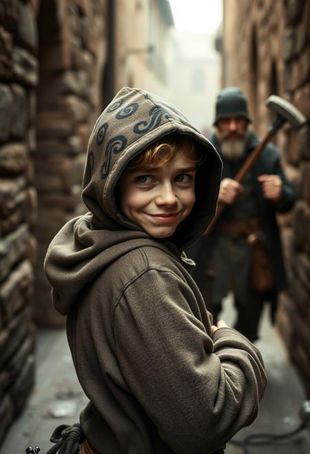 Comedy fantasy movie still, film photography, cinematic, focus on uncomfortable nervous smiling short medieval halfling thief wearing hooded cloak looking at camera shrugging shoulders backing up in medieval city alley, two big angry thugs holding clubs in background, hands with correct digits, dynamic action pose, dnd character, dynamic character profile, half-body portrait, closeup, intricately detailed perfect face, fantasy, photorealistic, photorealism, perfect image, haze, soft light from side, 3 point lighting, backlight, chiaroscuro, perspective, depth, trending on artstation