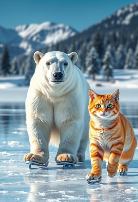 high definition, high detail, photo realistic, 8k, dynamic, digital image of a polar bear and a ginger tabby cat skating on a frozen lake. The polar bear, with its white fur and large build, is positioned next to the cat  with its bright orange fur and green eyes. The background is a frozen lake with pine trees and mountains with a clear blue sky. The overall colour palette is cool, with blues and whites dominating, contrasting with the warm tones of the cat's fur.