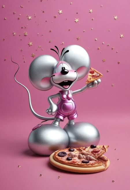 realisitc, photorealistic, volumetric lighting, shiny mtal, a bold and fancy image of metallic diddl mouse made of shiny metal, bold lines, perfect lines, emphasis lines, vertical lines, floating in space, stars, octopus pizza diddl, dreamy, moon, a bold drawing image infront of a pink background