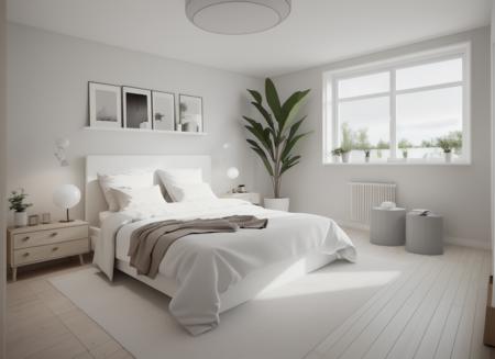 scandinavian_bedroom, glass window, scandinavian style, gray bed, wooden floor<lora:scandinavian_interior-000006:0.6>