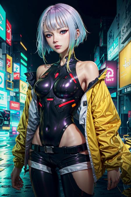 LucyEdge, 1girl, lucy (cyberpunk), jacket, solo, cyberpunk, multicolored hair, yellow jacket, leotard, bangs, breasts, red eyeliner, short hair, looking at viewer, makeup, open clothes, bare shoulders, shorts, open jacket, cyborg
<lora:epi_noiseoffset2:1>, <lora:LucyEdge:0.7>