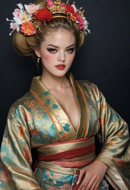 swiss model Julie ordon dressed and make up like a 18th century japanese geisha