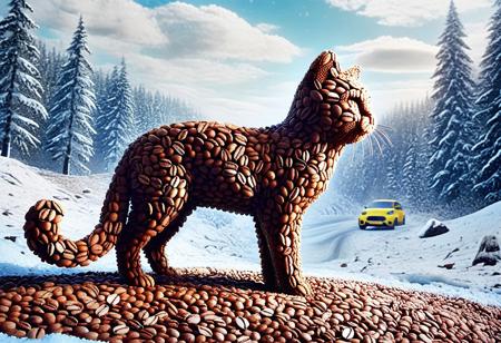 cuteup, cute, cutieup, neko made of coffee beans, coffee beans, cat made of coffee beans, snow, ice, Surreal with macabre undertones, earthy surreal edge,  feline made out of countless coffee beans, snow, ice, hyper detail, masterpiece, score_10, randshadscree, anime drawing style, anime movie, driving at high speed,countless galaxy,yellow, kitty made out of coffee, snow, ice, bright blue and yellow energized sport car, score_9, score_8_up, score_7_up, score_6_up, shiny, shiny, cloudy forest, Made of fluffy clouds, clutter, trash, fr0stwrld, snow, ice, coffee beans, coffee, cafe,