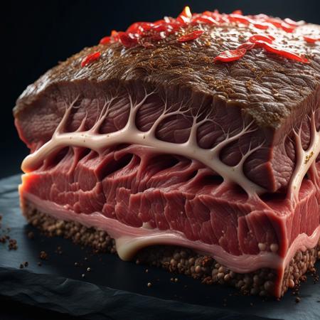 Surrealism, A massive, undercooked slab of raw beef, its surface pulsing with veins and shifting like muscle tissue. Large, cartilage-like spikes protrude from it like jagged bone. Grease oozes from its pores, burning the ground like acid, black leaf on top and bottom acts like a bun, Epic 3D Videogame Graphics, Intricately Detailed, 8K Resolution, Dynamic Lighting, Unreal Engine 5, CryEngine, Trending on ArtStation, HDR, 3D Masterpiece, Unity Render, Perfect Composition