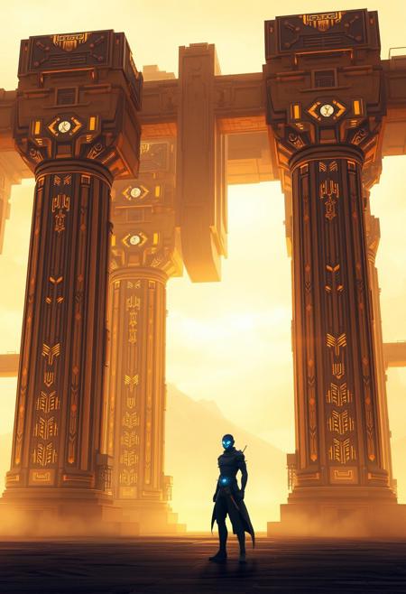 This is a digital artwork in a futuristic, sci-fi style, showcasing a grand, ancient, and futuristic architectural structure. The scene is bathed in a warm, golden light that filters through the structure, creating a mystical ambiance. The structure appears to be a colossal, ancient temple or observatory, composed of towering, intricately designed pillars and arches. The pillars are adorned with intricate, glowing patterns and geometric shapes, giving the impression of advanced, alien technology integrated into the architecture.
In the foreground, a lone figure stands near the base of one of the massive pillars. The figure is humanoid, dressed in a sleek, dark outfit with a glowing, energy-shield-like helmet, suggesting they might be a futuristic warrior or explorer. They hold a glowing orb or weapon, casting a soft, blue light around them.
The background features a vast, open space with an ethereal, gradient sky that transitions from a warm, golden hue at the bottom to a cooler, lighter shade at the top, blending seamlessly with the structure. The sky is dotted with floating, glowing orbs, adding to the otherworldly atmosphere. The overall color palette is dominated by shades of teal, gold, and soft, muted blues, with a mix of cool and warm tones.