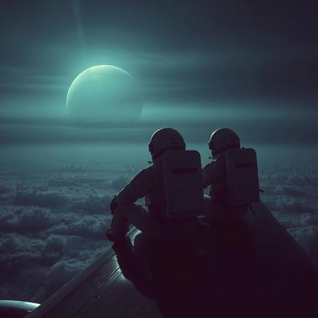 detailed, 4K image of astronauts sitting on airplane wing facing toward an atmospheric sky containing silhouette of another planet along with moon. the image is moody detailed, atmospheric and highly detailed