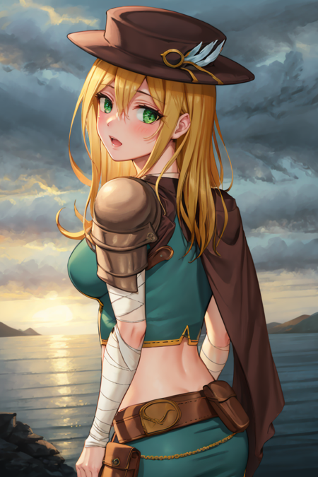 (highly detailed:1.3), 
warriorlady, looking at viewer, blush, open mouth, shirt, hair between eyes, medium breasts, upper body, midriff, belt, looking back, armor, crop top, black headwear, shoulder armor, pouch, bandaged arm, green shirt, brown belt, scenery, 
Ultra-detail,(highres:1.1),best quality,(masterpiece:1.3),specular lighting,
(highly detailed face and eyes:0.6), <lora:warriorlady-12:0.9>