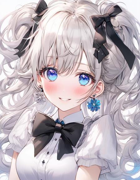 face focus, cute, masterpiece, best quality, 1girl, blue eyes, smile, hair ornament, looking at viewer, jewelry, earrings, short sleeves, shirt, bangs, hair flower, blush, white shirt, white hair, bow, black bow, parted lips, bowtie, breasts, flower earrings, long hair, black bowtie, floating hair.