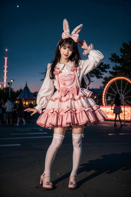 best quality, masterpiece, photorealistic, 1girl, solo, full body, black hair, straight hair, blunt bangs, looking at viewer, smile, cyb dress, frilled dress, layered dress, long sleeves, rabbit ears, hair bow, white thighhighs, pink high heels, amusement park, night, night sky, people, dramatic lighting, colorful, <lora:sweet_attire_style2_v1:0.7>