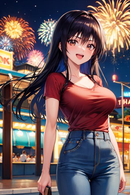 masterpiece, best quality, <lora:kotegawayui-nvwls-v1-000009:0.9> defYui, red t-shirt, jeans, large breasts, amusement park, :D, fireworks, night