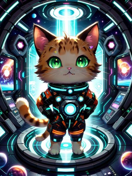 anime artwork  <lora:Meowpocalypse:0.7> meowpocalypse, no humans, cat, glowing <lora:420Futurism:0.7> 420futurism, cute futuristic cat, in space station floating in space . anime style, key visual, vibrant, studio anime,  highly detailed