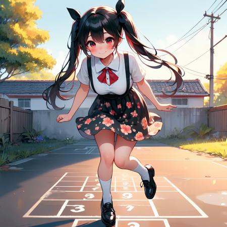 hopscotch hopping numbers in white large grid fluttering floral skirt black stocking leather shoes banyan countryside utility pole