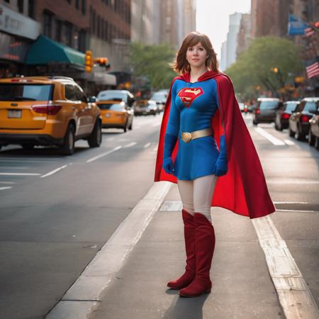 full-length photo of n with b hairstyle wearing supergirl outfit with cape standing in a busy city street in new york