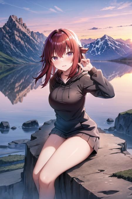 masterpiece, best quality, hiking, black hoodie, mountains, evening, sunset <lora:satania:0.65>