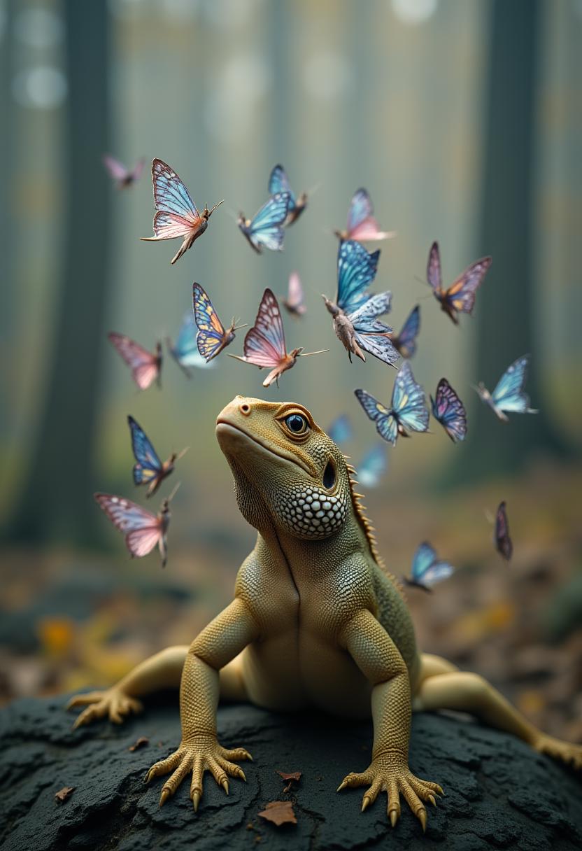 The enchanting image showcases a magnificent, golden gecko, its opulent scales glistening like precious opals, gracefully enveloped in a mesmerizing dance of dazzling iridescent butterflies. The misty, dreamlike atmosphere of the forest evokes feelings of whimsy and wonder, highlighting the creature's tender, gentle nature. The giant lizard exudes an air of power and elegance, contrasting beautifully with the mysterious and ethereal presence of the butterflies that swirl around it. The soft, pale pink hues further enhance the artistic and alluring composition, infusing the scene with a touch of romance and delicacy.   The colors employed in the image, including gold, blue, silver, and a subtle, pale pink, imbue the photograph with a rich, textured palette, accentuating the intricate details of the lizard's scales and the delicate beauty of the butterflies. The soft, diffused lighting creates a dreamlike quality, immersing the viewer in the surreal world of the photograph. The overall aesthetic is reminiscent of the whimsical artwork of Trolls, with its lush bouquets of flowers, shadows, bronze, violet, silver, and tender, gentle nature.   This photograph is a captivating and visually stunning piece of art that masterfully combines elements of fantasy, nature, and surrealism. Its artful composition, lighting, and rich color palette create a dynamic and dramatic moment, showcasing the intricate beauty of both the lizard and the butterflies. Overall, the image evokes a sense of awe and wonder, transporting the viewer to a world of fantasy and magic. ,<lora:aidmaHyperRealism-FLUX-V0.2.safetensors:1.0> ,