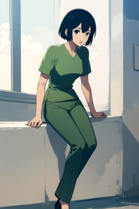 ChoiYoora, 1girl, solo, short hair, green shirt, black hair, short sleeves, black eyes, green pants 