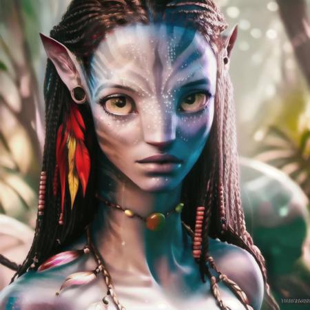 Portrait of a stunning ((nude)) woman  <lora:neytiri1-10:1> (looking to the left:1.1), high quality, 4K, photorealistic, realistic skin texture, gorgeous