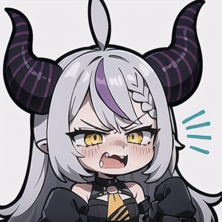 (angry:1.2), chibi emote, blush, open mouth, 1girl, <lora:chibi_emote_v1:1>, <lora:laplusDarknessV8:1>, black coat, black dress, white sleeves, sleeves past finger, sleeves past wrists