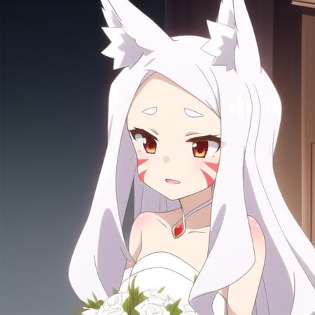 <lora:ShiroNew-000015:0.7>, 1girl, animal ears, white hair, long hair, Shiro, intricate details, facial marking, wedding dress, ribbon, bouquet, joy, altar, fox tail, <lora:GoodHands-beta2:1>