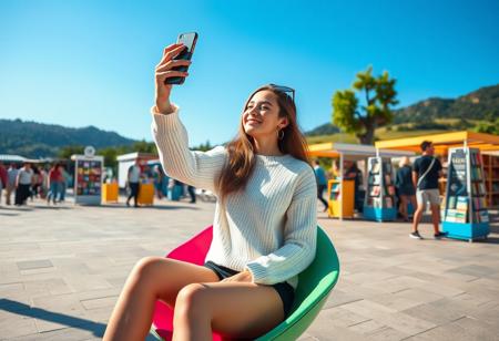 masterpiece, 8k, perfect ligthing, score_9, score_8_up, score_7_up, score_6_up, score_5_up, score_4_up, A young woman is sitting outdoors on a colorful modern chair in a sunny public space. She is wearing a white long-sleeve sweater and black shorts, holding her phone up to take a picture or video. In the background, there are several book displays, information booths, and other people casually strolling. The sky is clear and blue, with some greenery and hills visible in the distance. The setting gives off a lively and relaxed vibe, with a focus on reading and leisure activities. Super see through clothes, extreme shimmering underwears, natural hand, erect nipples