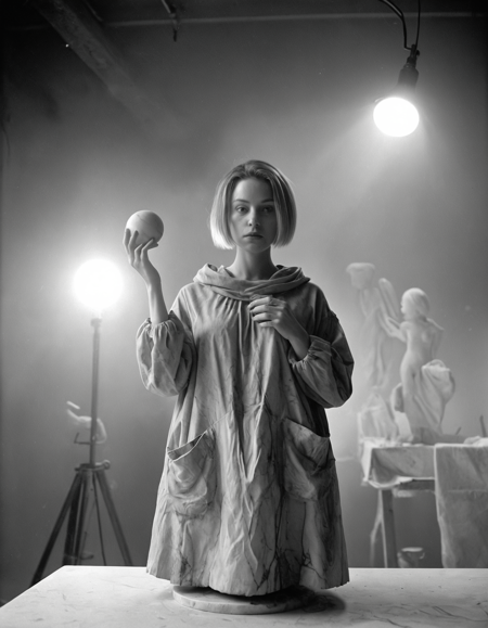 A photorealistic surreal image of a woman with asymmetrical hair, light skin, wearing a clay-stained smock, sculpting a floating marble figure in a misty studio, captured on Ilford XP2 Super 400 film with smooth black-and-white tones and medium grain, diffused fog light, wide-angle, radiating creativity