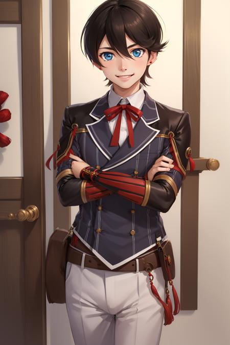 (masterpiece, best quality:1.2), <lyco:toukenranbu_horikawa-10:1.0>, cowboy shot, solo, male focus, 1boy, horikawa kunihiro, smile, looking at viewer, crossed arms, japanese armor, double-breasted, buttons, jewelry, stud earrings