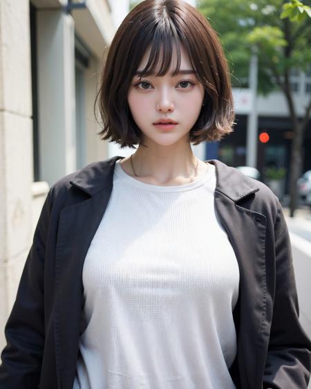 T-shirt, coat, 
(photorealistic:1.4), (best quality:1.0), (ultra highres:1.0), 8k, RAW photo, (masterpiece:0.2), 
<lora:zyd232_ChineseGirl_v4_0:1> zydG, 1girl, detailed skin, looking at viewer, brown eyes, (short hair with bangs:1.2), (large breasts:1.0), (large areolae:0.8), 
(pureerosface_v1:0.5)