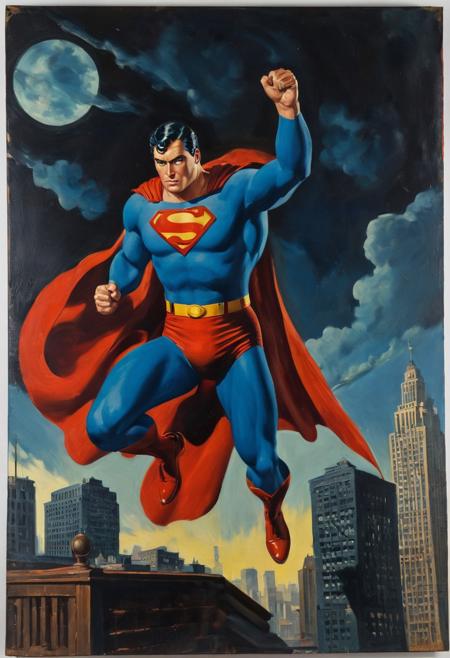 Glossy oil painting, Superman, 1938, Action pose, Noir, Radio Show Style